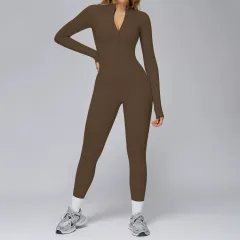 Fleece-lined Thermal Zip-up Fitness Bodycon Pants With A Cinched Waist - Camel - View 1