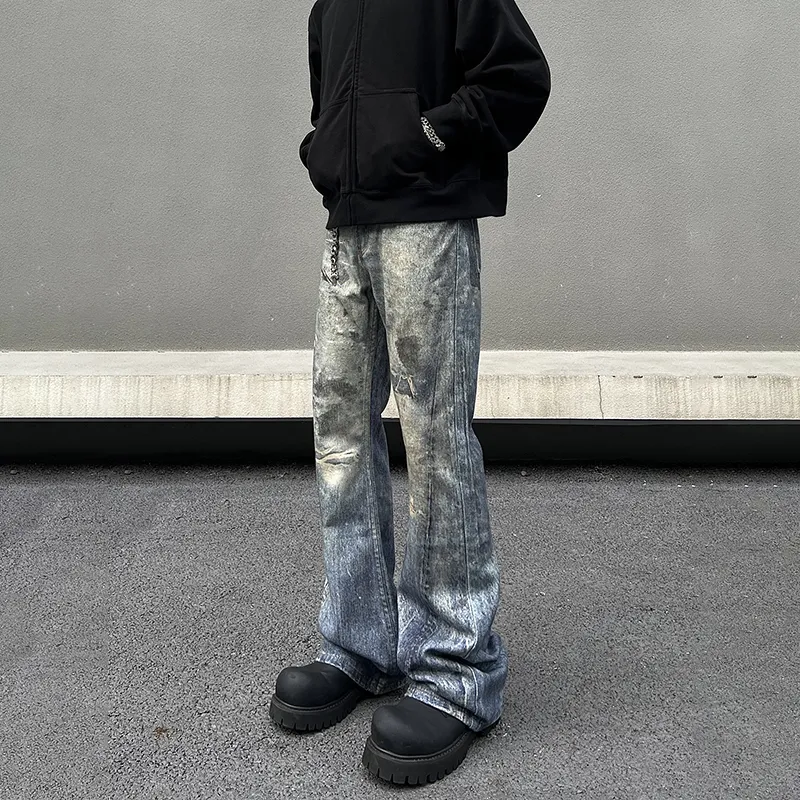 Men's Loose Wide-leg Pants Denim Dirty And Dyed With Waste Soil