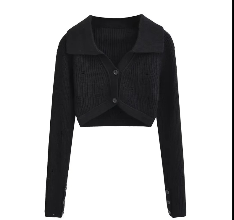 American Hot Girl Style Solid Color Polo Collar Short Suit Black Top - Shop at LoveMi