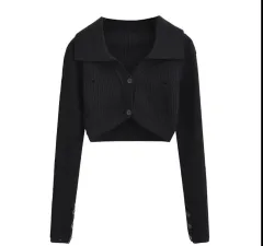 American Style Solid Colour Polo Collar Short Suit - Black Top - View 1