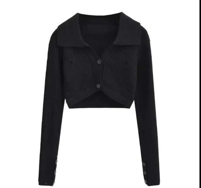 American Style Solid Color Polo Collar Short Suit Black Top - Shop at LoveMi