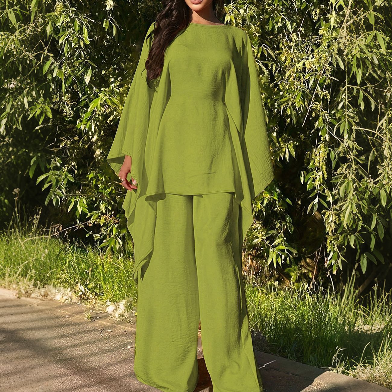 Cloak-style Batwing-sleeve Solid-color Wide-leg Pants Casual Two-piece Set