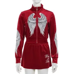 European And American Style Velvet Print Long-sleeve Zipper Top Package Hip Skirt Suit - Red - View 1