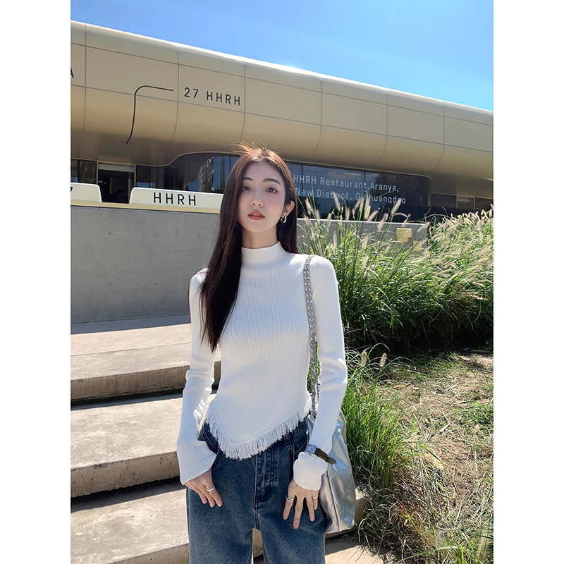 Women's Solid Color Semi High Neck Tassel Knit Base Sweater - Image 3