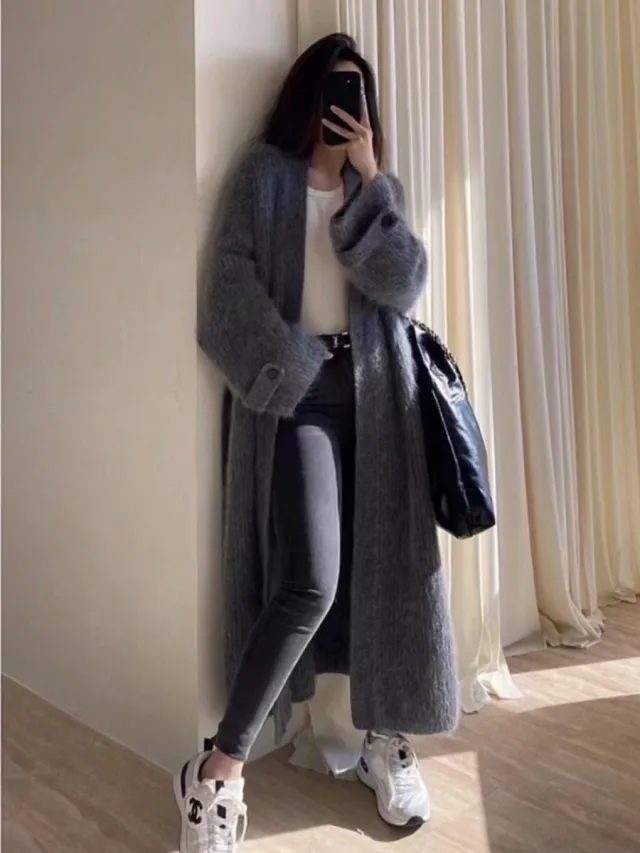 Korean Style High Sense Long Sweater Coat Mid length Gray - Shop at LoveMi