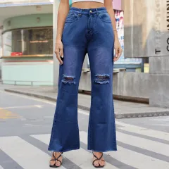 Denim Wide Leg Trousers Ripped Skinny Jeans - Dark Blue - View 1