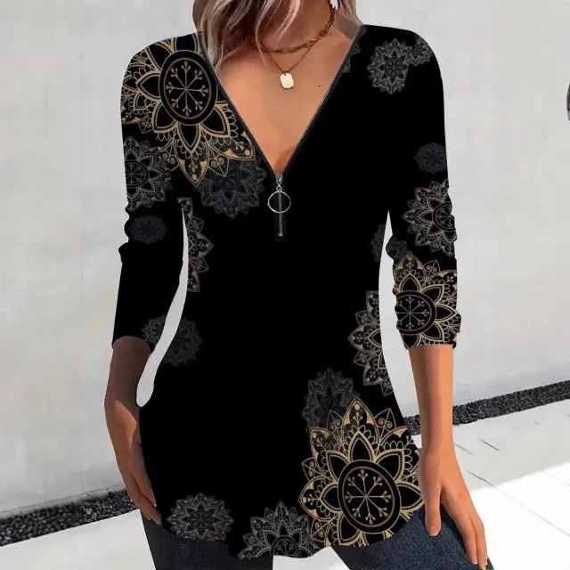 V neck Zipper Floral Print Long Sleeve Women's Top Black - Shop at LoveMi