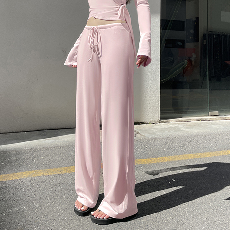 Casual Hot Girl Solid Color Suit Cross Slimming V-neckline T-shirt Low Waist Fleece-lined Basic Casual Pants