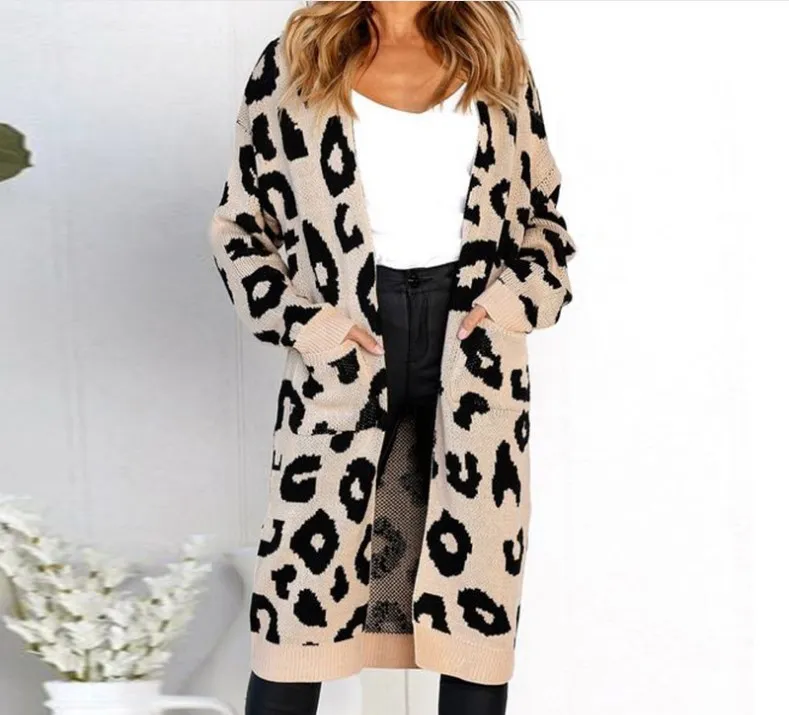 Color Leopard Print Polka Dot Loose Sweater Coat - Khaki