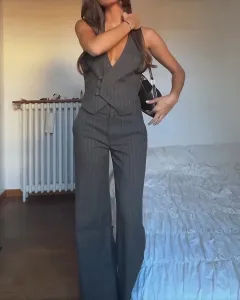 Sleeveless Collar Decorated With Buttons Top And Pants Striped Printed Two-piece Suit - Darkgrey - View 1