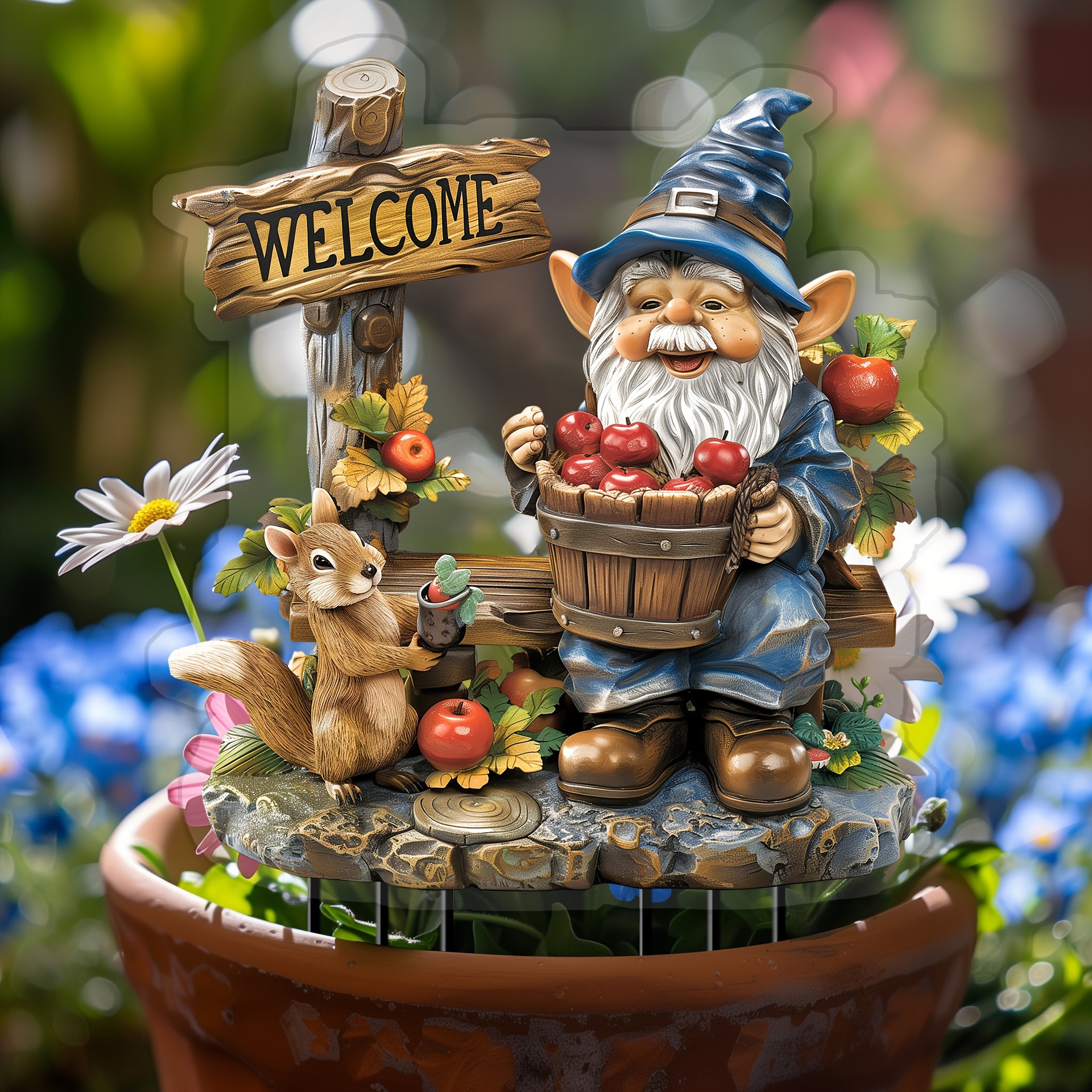 Charming Squirrel And Dwarf Outdoor Garden Stake For Potted Plants On The Lawn