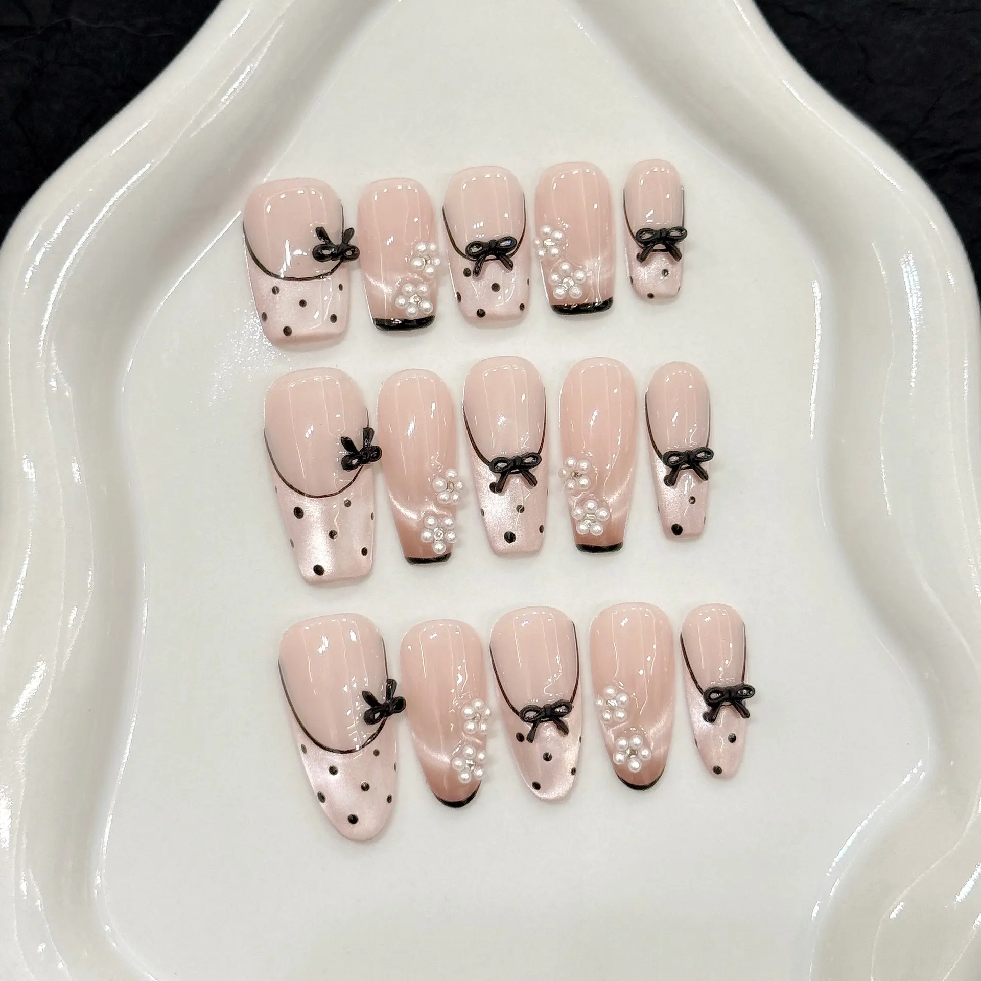 Hand-Painted Cat-Eye Lace-Trimmed French Polka-Dot Nail Stickers