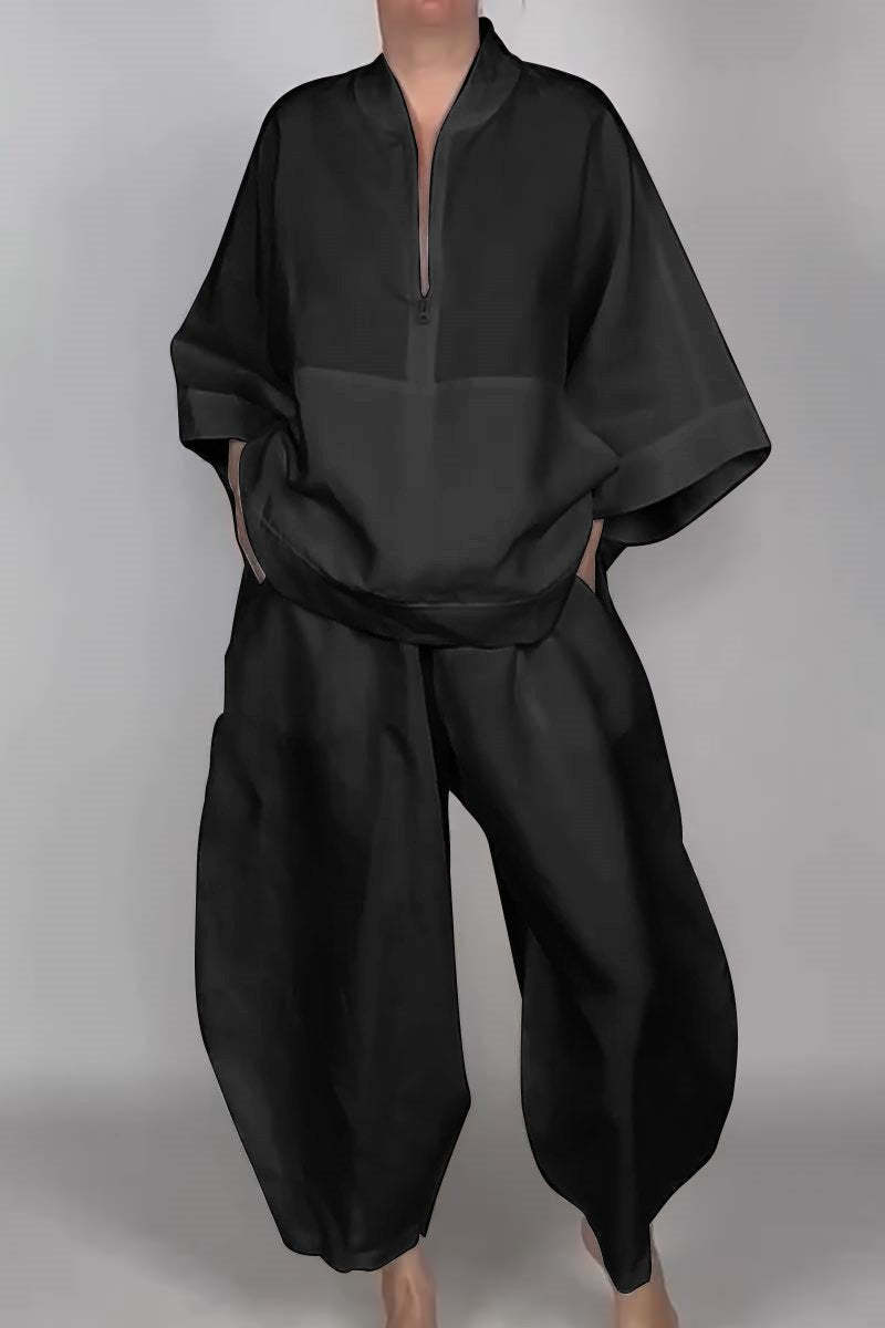 Loose Casual Pocket Half Zipper Top Bud-shaped Pants Suit