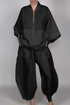 Loose Casual Pocket Half Zipper Top Bud-shaped Pants Suit - Black - View 1