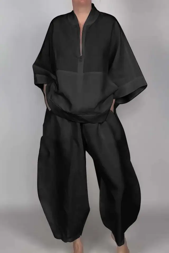 Loose Casual Pocket Half Zipper Top Bud shaped Pants Suit Black - Shop at LoveMi