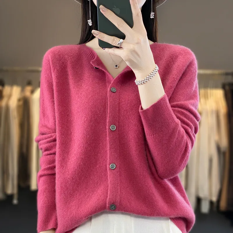 Cardigan Plus Size Coat Loose Round Neck Sweater - Raspberry Color