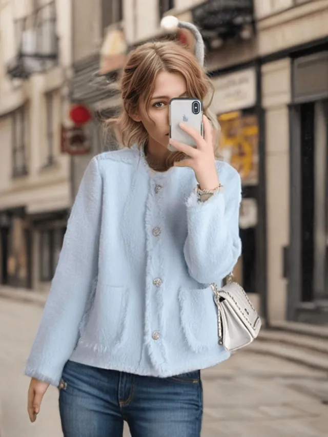 Western Classy Style Tassel Cardigan Autumn And Winter Imitation Mink Round Neck Knitted Loose Coat Blue - Shop at LoveMi