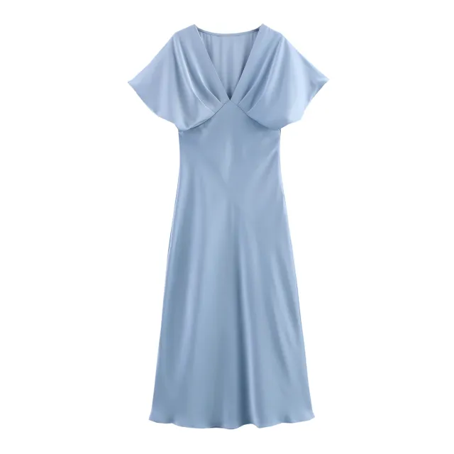 High Waist Short Sleeve Slim Fit Temperament Long Dress Blue - Shop at LoveMi