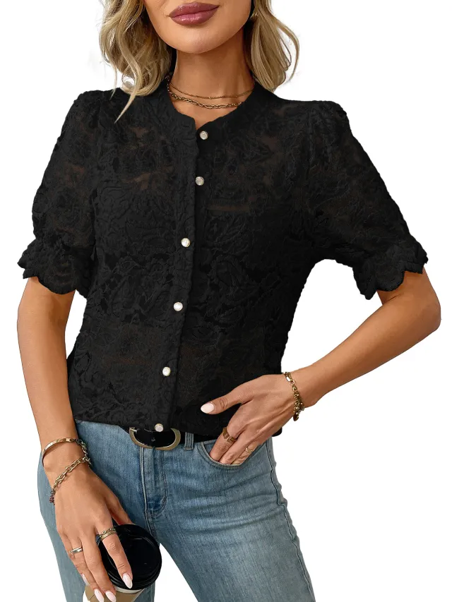 European And American Summer Lace Short Sleeve Casual Button Shirt Black - Shop at LoveMi