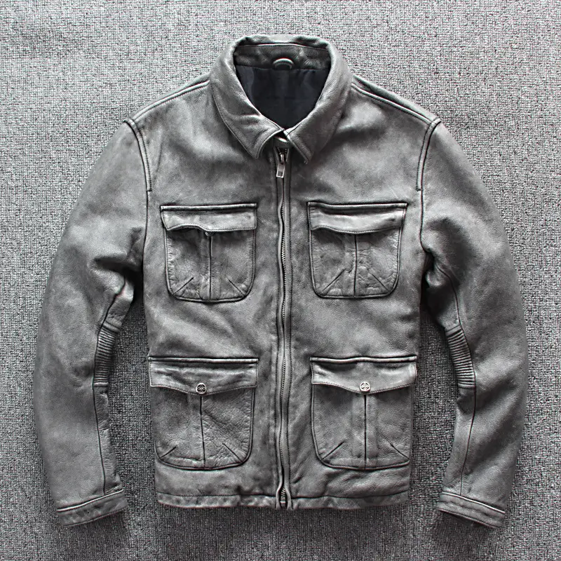Men's Business Shirt Pocket Motorcycle Clothing Leather Jacket Coat