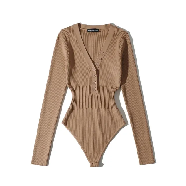 Bottoming Deep V neck Buckle Waist controlled Long Sleeves Jumpsuit Khaki - Shop at LoveMi