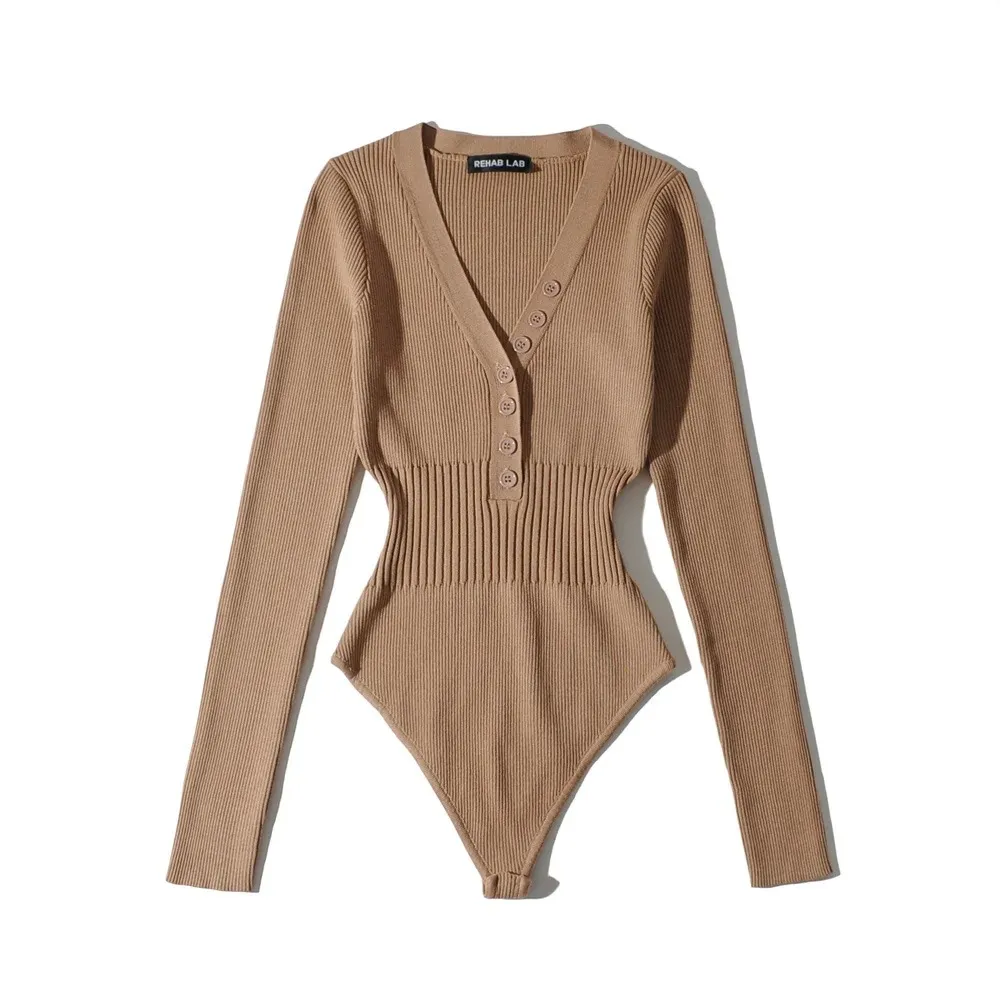 Bottoming Deep V-neck Buckle Waist-controlled Long Sleeves Jumpsuit - Khaki