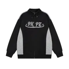 American Color Matching Letters Loose Casual Jacket - Black - View 1
