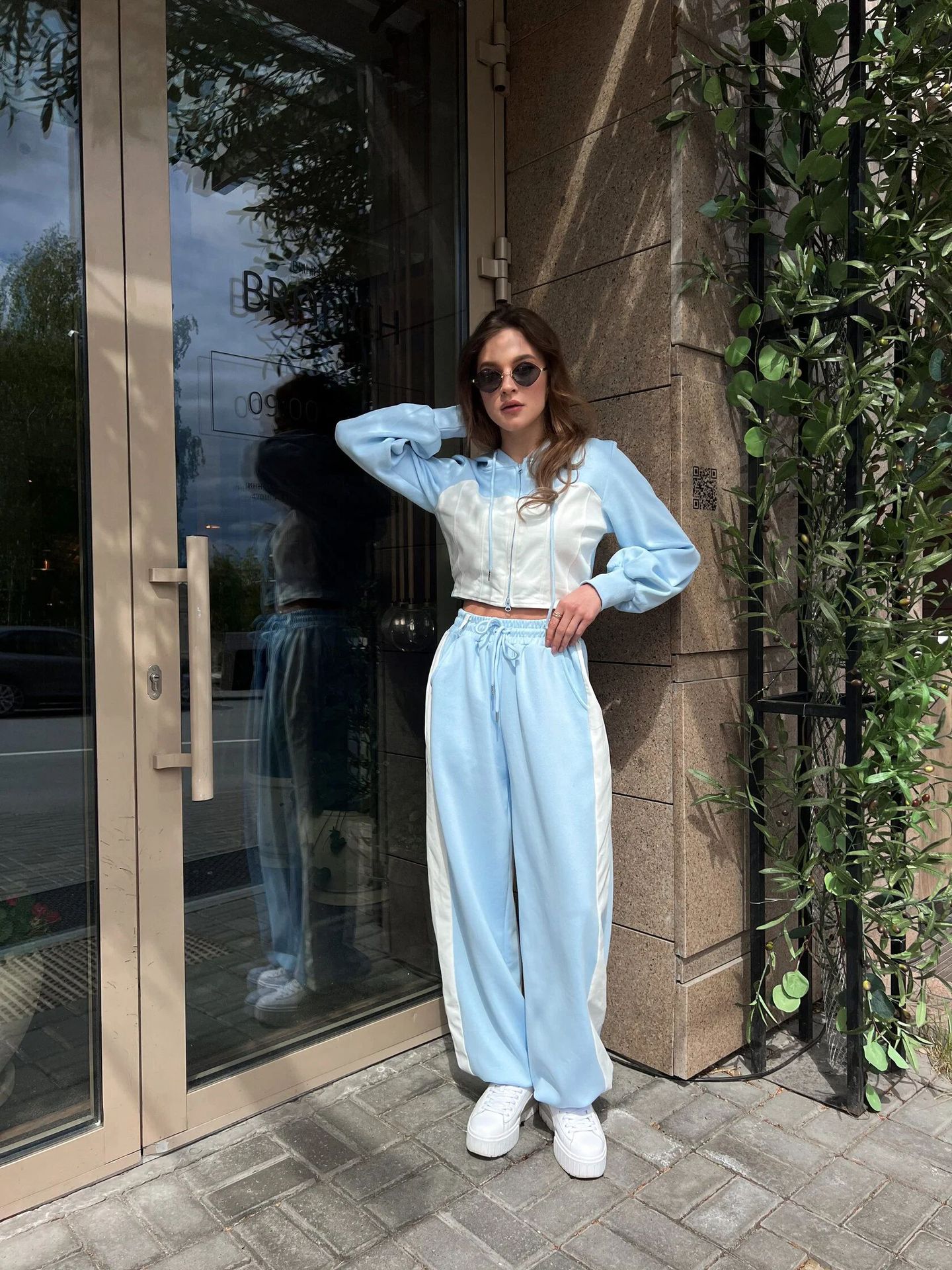 Fashion Casual Sweater Suit Denim Stitching Hooded Top And Trousers Women's Clothing