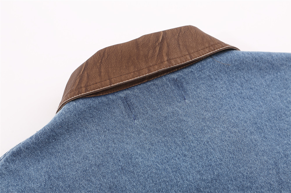 Workwear Personality Turn-down Collar Coat Men's Loose Fashion PU Leather Stitching Contrast Color Denim Jacket