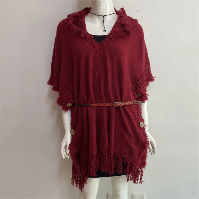Autumn And Winter European And American Plus Size Hooded Pullover Sweater Tassel Batwing Shirt Wine Red - Shop at LoveMi