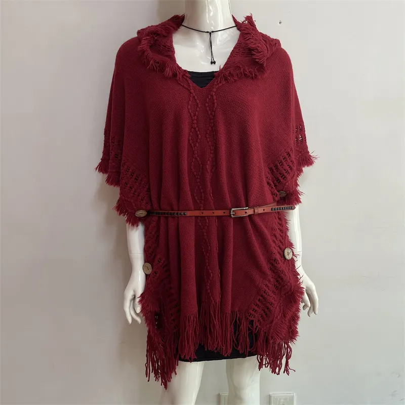 Autumn And Winter European And American Plus Size Hooded Pullover Sweater Tassel Batwing Shirt - Wine Red