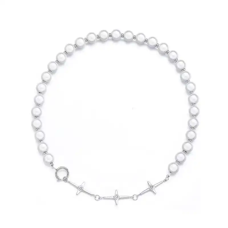 Reflective Pearl Stitching Love Cross Clavicle Chain European And American Non-fading Titanium Steel Necklace
