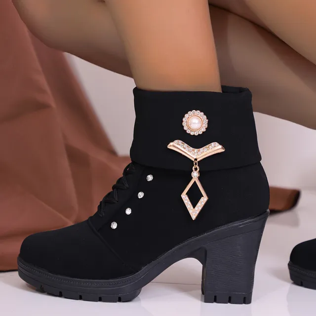 Plus Size Martin Boots Rhinestone High heeled Cotton Boots Black - Shop at LoveMi
