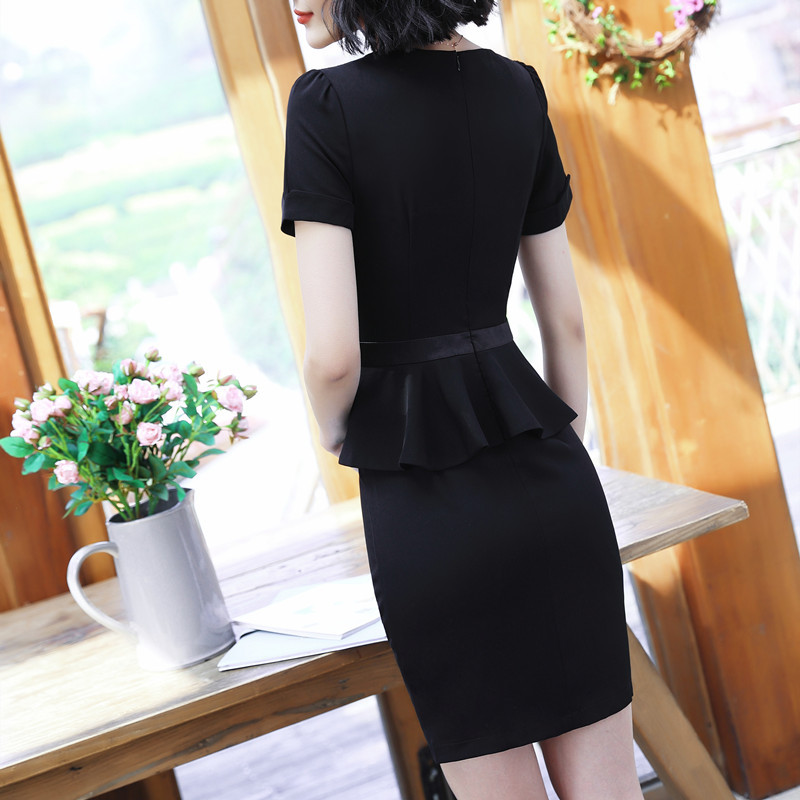 Fake Two Pieces Business Dress Short Sleeve Beautician Hotel Jewelry Shop Workwear