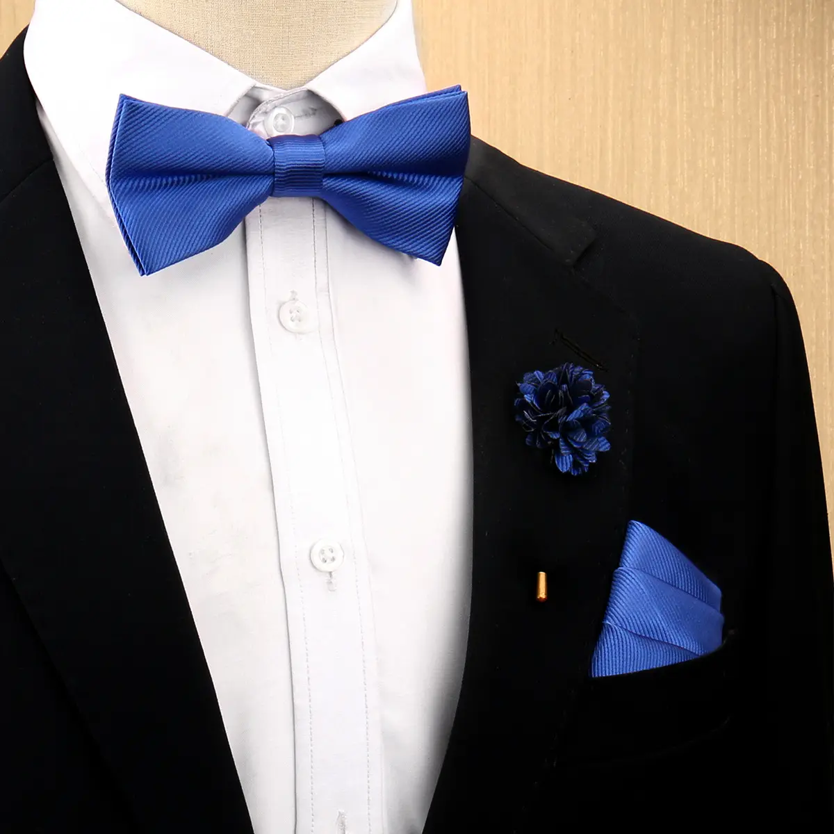 Mens Bow Tie, Pocket Square, And Brooch