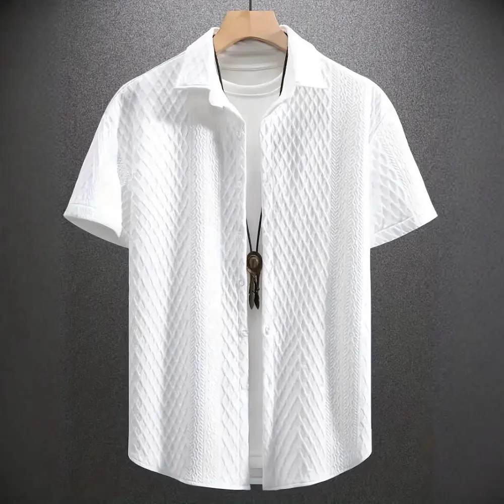 Men's Solid Color Short Sleeve Knitted Shirt with Over-turned