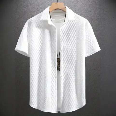 Men's Solid Color Short Sleeve Knitted Shirt with Over-turned