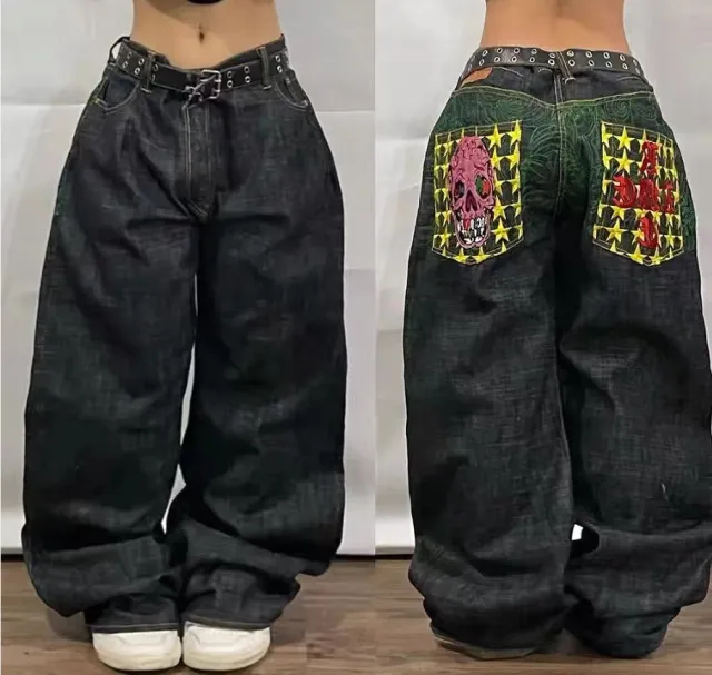 American High Street Personalized Patterns Loose Straight Wide Leg Jeans Black And Blue - Shop at LoveMi
