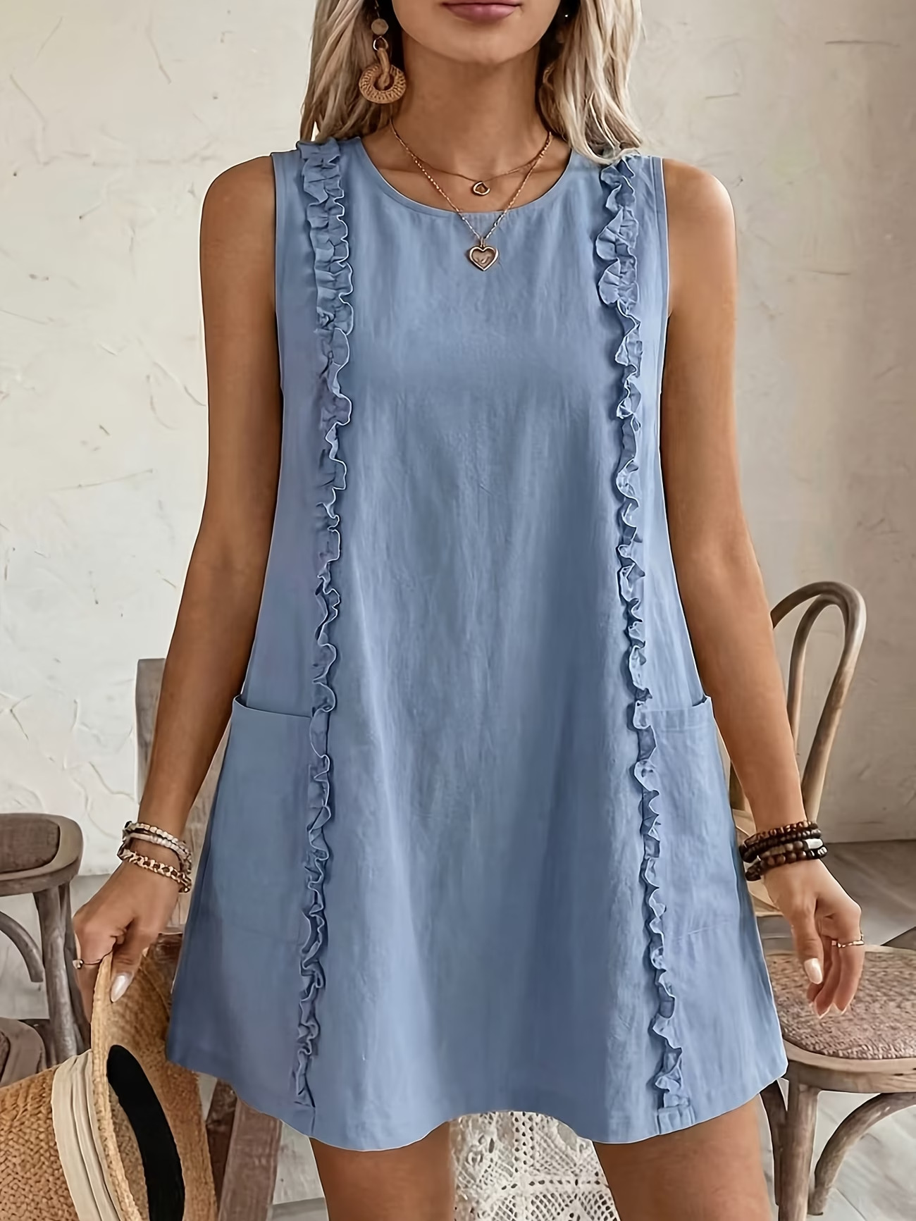 Women's ruffle trim midi dress in blue – full length view
