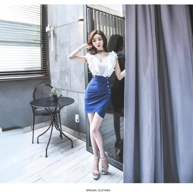 Womens Slim fit Patchwork Ruffled V neck Asymmetrical Mini Skirt Picture Color Xl - Shop at LoveMi