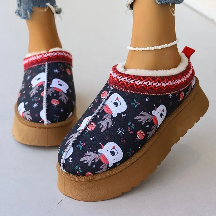 Women's Shoes Cartoon Pattern Thick Bottom Plush Low Top Toe Cap Lazy Slippers - Bear Deer-41