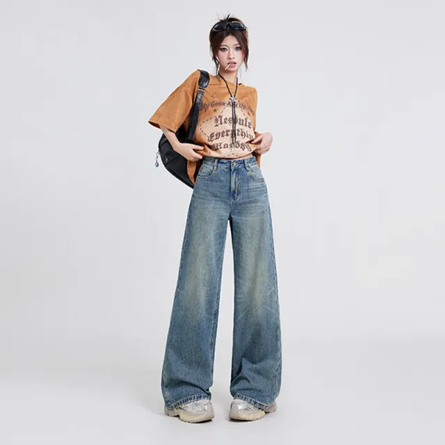 Wide Leg Jeans Women's High Waist Baggy Straight Trousers Washed Blue Lengthened - Shop at LoveMi
