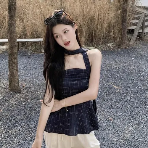 Retro Color contrast Check Tube Top Women's Short Top Blue - Shop at LoveMi