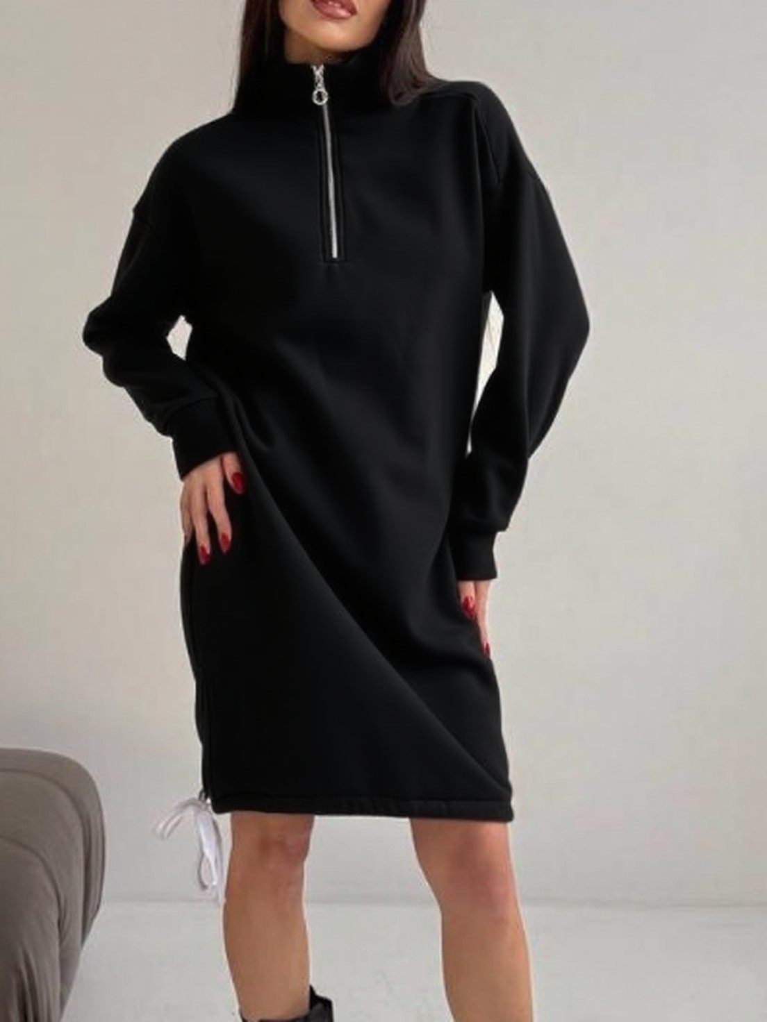 High neck Half zip Sweatshirt Dress Warm Fleece Skirt Black - Shop at LoveMi