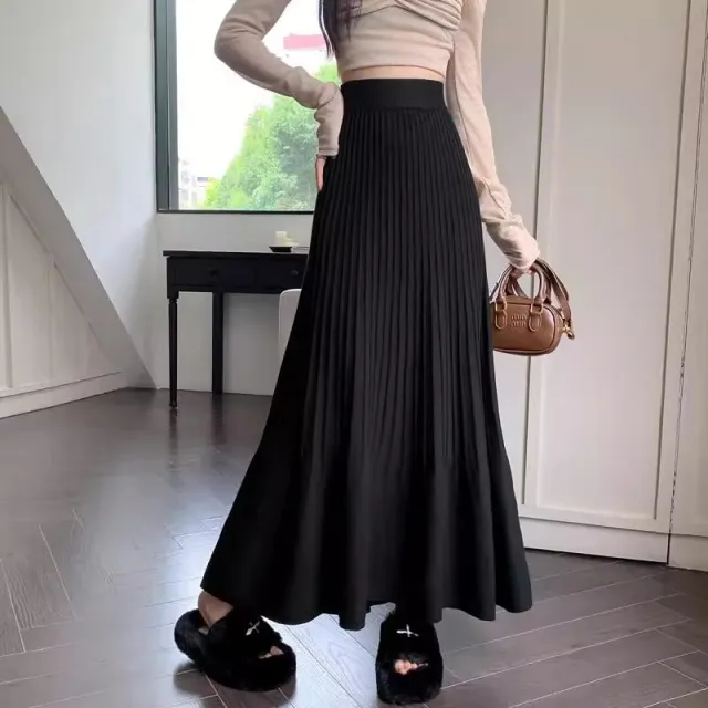 New High waisted Slimming Knitted Pleated Skirt Black - Shop at LoveMi