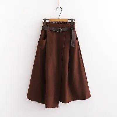 Solid Color Leisure Artistic Pocket High Waist Slimming Irregular Midi Skirt Brown - Shop at LoveMi