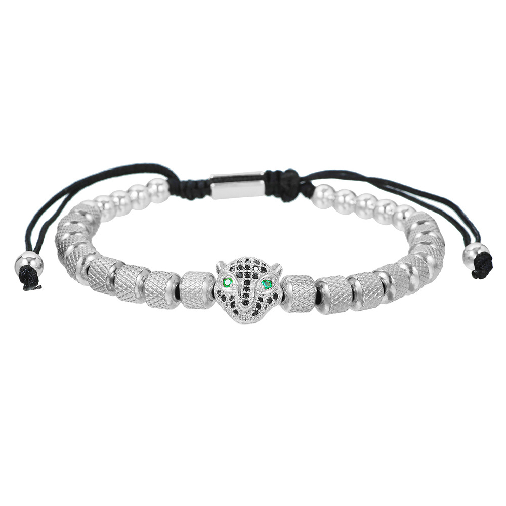 Zircon Leopard Head Stainless Steel Pineapple Bead Bracelet