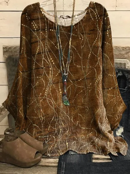 Women's Loose Solid Color Printing Round Neck Long Sleeve Brown - Shop at LoveMi