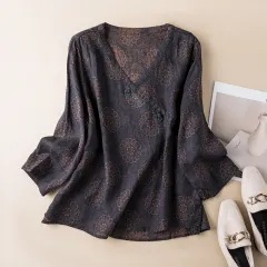 Spring New Linen V-neck Floral Retro Literary Shirt Women - Grey - View 1