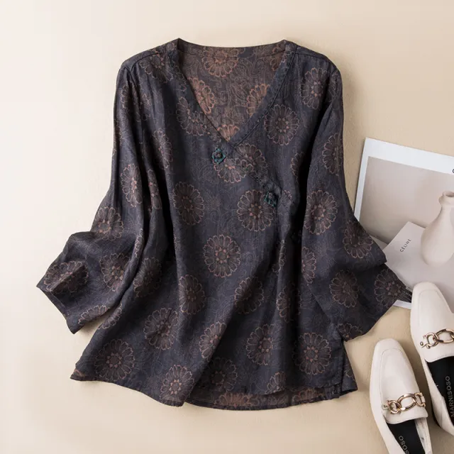 Spring New Linen V neck Floral Retro Literary Shirt Women Black - Shop at LoveMi